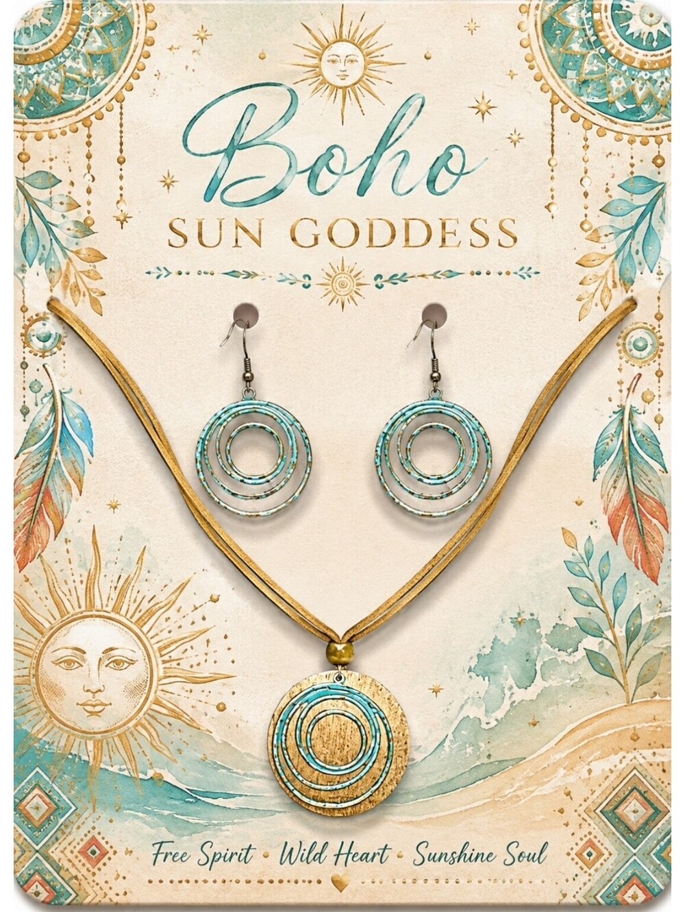 Boho Sun Goddess Teal and Bronze Hoop Earrings & Necklace Set